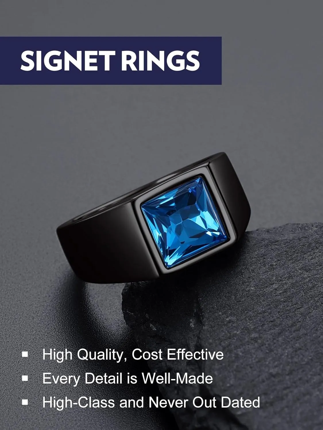 Bandmax Square Cut Gemstone Rings for Men Women, Shining Stone Signet Ring Cocktail Ring Statement Ring Personalized Birthstone Ring for Gift US Size 7-14