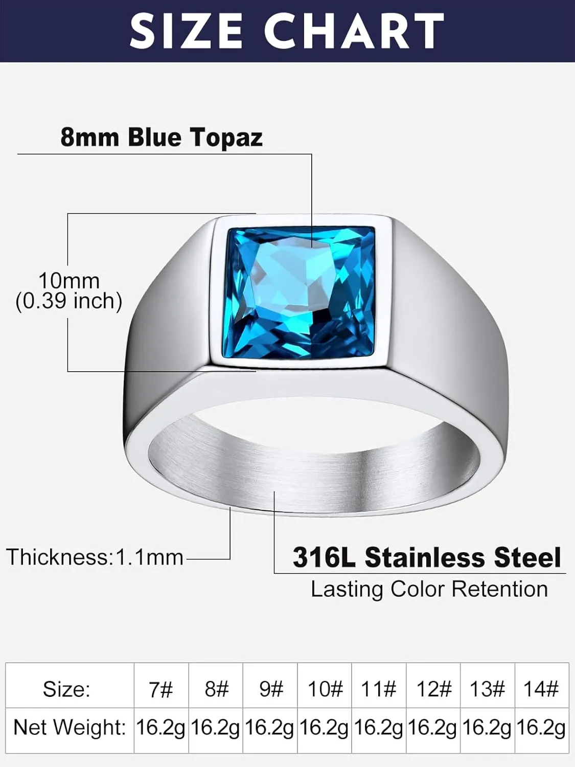 Bandmax Square Cut Gemstone Rings for Men Women, Shining Stone Signet Ring Cocktail Ring Statement Ring Personalized Birthstone Ring for Gift US Size 7-14