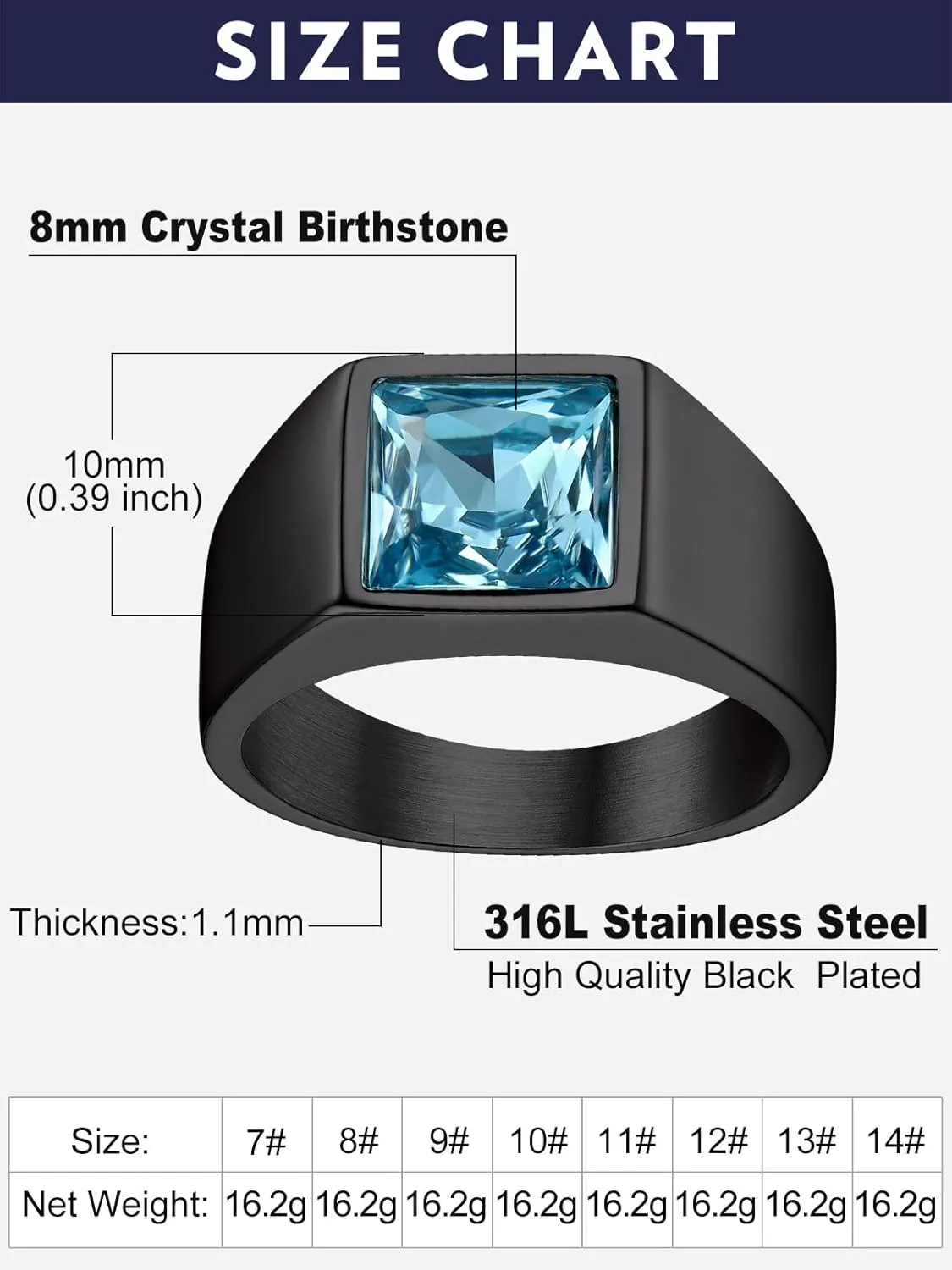 Bandmax Square Cut Gemstone Rings for Men Women, Shining Stone Signet Ring Cocktail Ring Statement Ring Personalized Birthstone Ring for Gift US Size 7-14