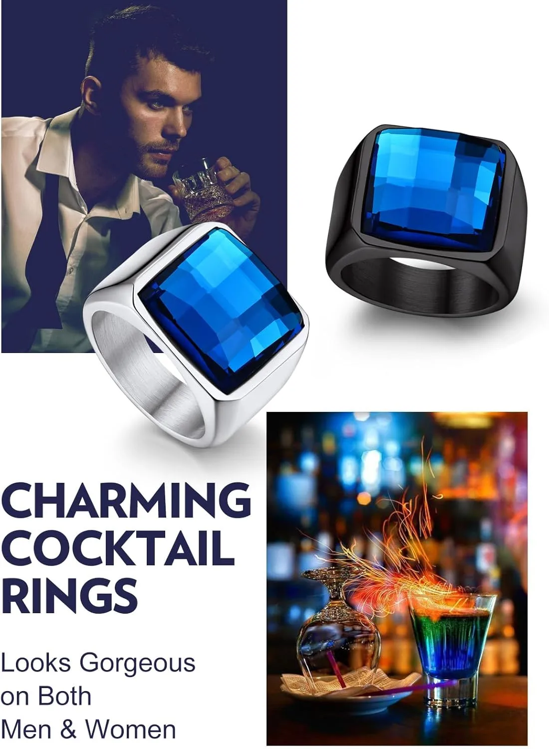 Bandmax Square Cut Gemstone Rings for Men Women, Shining Stone Signet Ring Cocktail Ring Statement Ring Personalized Birthstone Ring for Gift US Size 7-14