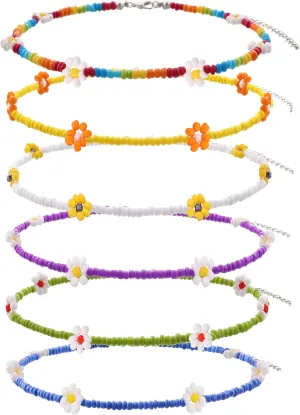 Beaded Choker Necklaces For Women Vsco Boho Handmade Flower Necklace Cherry Cute Necklace For Teen Girls Beach Necklace Set 6 Pieces