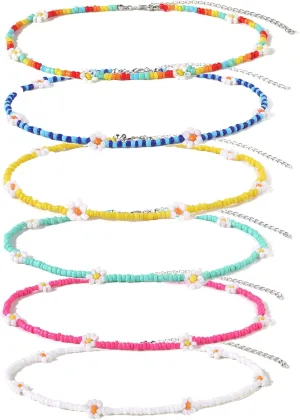 Beaded Choker Necklaces For Women Vsco Boho Handmade Flower Necklace Cherry Cute Necklace For Teen Girls Beach Necklace Set 6 Pieces