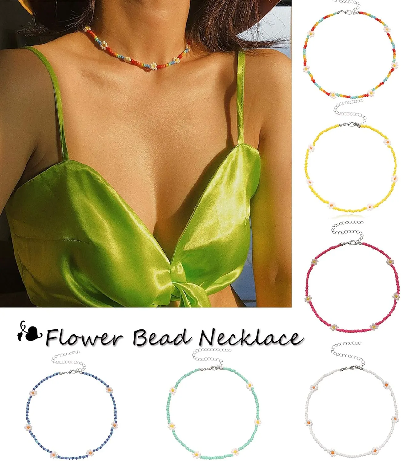 Beaded Choker Necklaces For Women Vsco Boho Handmade Flower Necklace Cherry Cute Necklace For Teen Girls Beach Necklace Set 6 Pieces