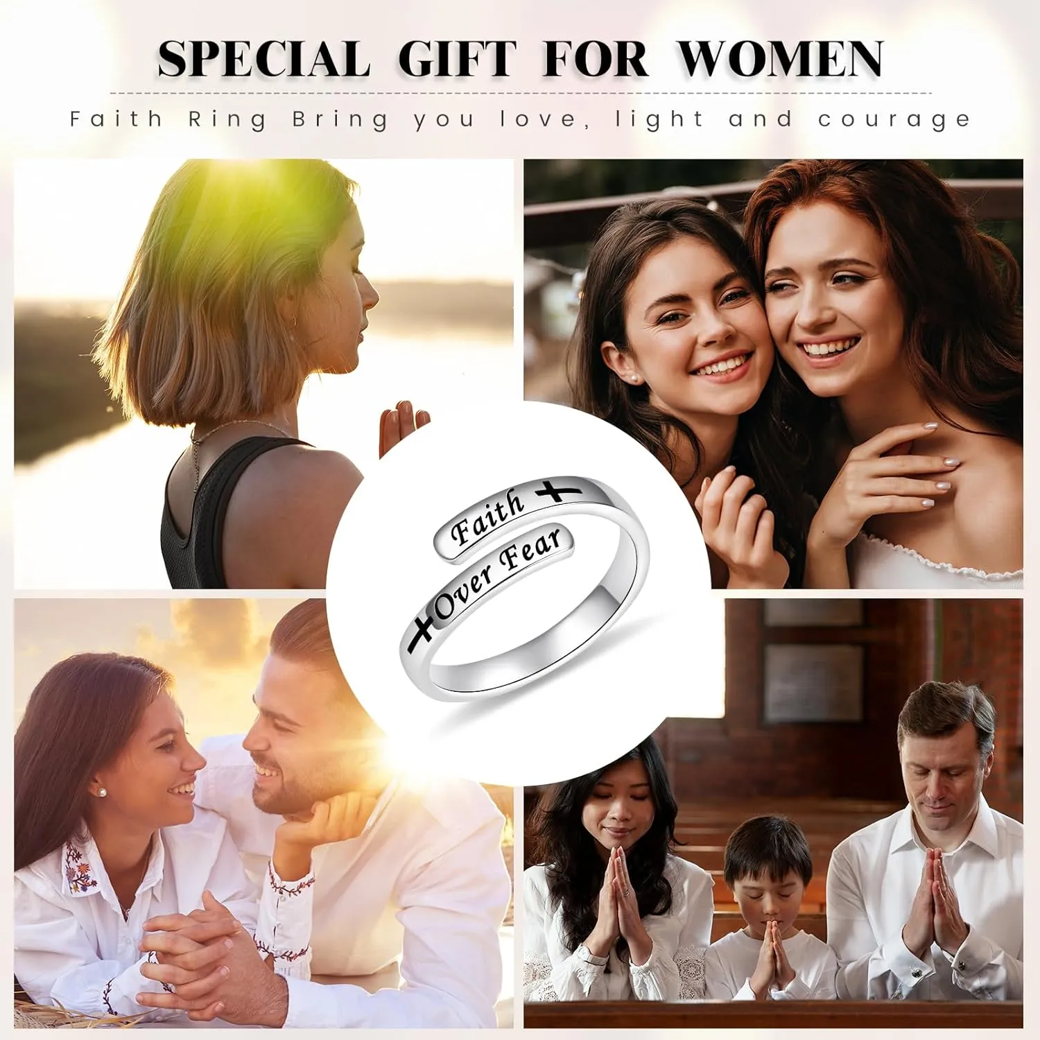BEILIN Just Breathe Cross Ring, 925 Sterling Silver Inspirational Jewelry Rings Adjustable Faith Cross Ring Personality Encouragement Gift for Women
