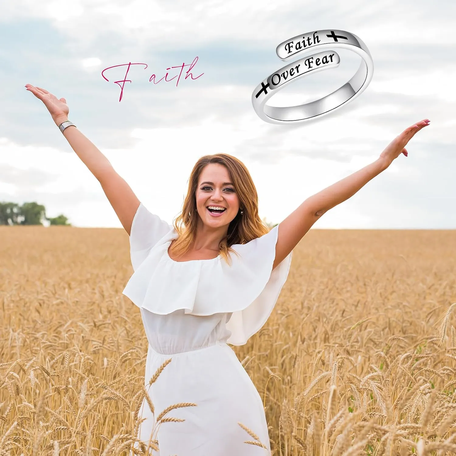 BEILIN Just Breathe Cross Ring, 925 Sterling Silver Inspirational Jewelry Rings Adjustable Faith Cross Ring Personality Encouragement Gift for Women