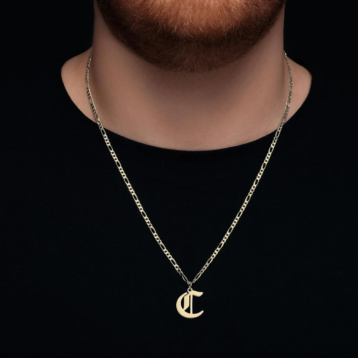 Beleco 14k Gold Plated Initial Pendant Necklace for Women & Men  A-Z Letter Necklace with Figaro Chain, Old English Personalized Gold Alphabet Charm Jewelry