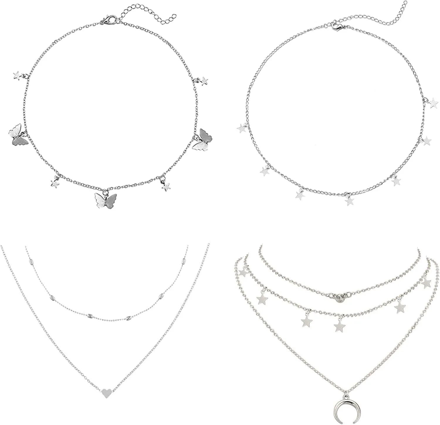 BELLA-Bee 4PCS Layered Choker Necklace Adjustable Gold/Silver Layered Necklace with Extension Chain Butterfly Moon Star Heart Pendant Necklace Multilayered Chain Choker Necklaces for Women