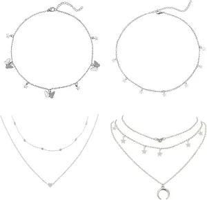 BELLA-Bee 4PCS Layered Choker Necklace Adjustable Gold/Silver Layered Necklace with Extension Chain Butterfly Moon Star Heart Pendant Necklace Multilayered Chain Choker Necklaces for Women