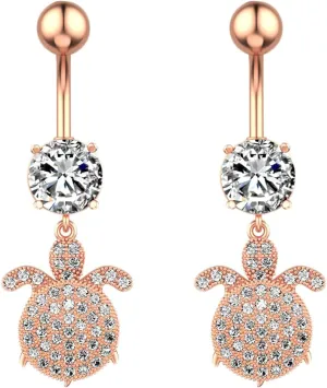 Belly Rings Stainless, 2pcs Navel Piercing Rings Dangle Cubic Zirconia Long 14G Womens Belly Button Rings Dangle Turtle