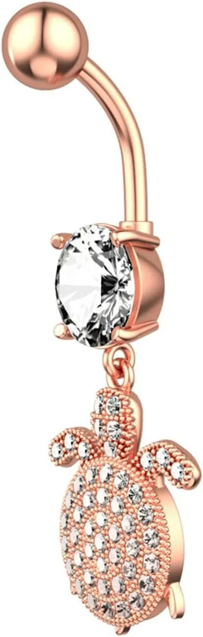 Belly Rings Stainless, 2pcs Navel Piercing Rings Dangle Cubic Zirconia Long 14G Womens Belly Button Rings Dangle Turtle