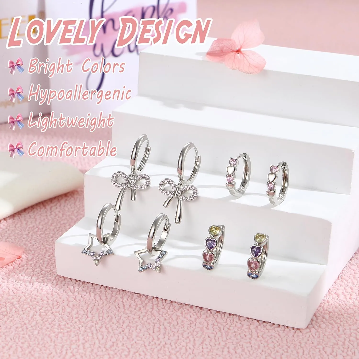 BESTEEL 4 Pairs Hypoallergenic Huggie Hoop Earrings for Girls Women Silver Small Dangle Hoop Earrings Bow Earrings Tiny Cute CZ Heart Butterfly Earrings Set Pink Colorful Star Earrings for Sensitive Ears(over 3 years old)