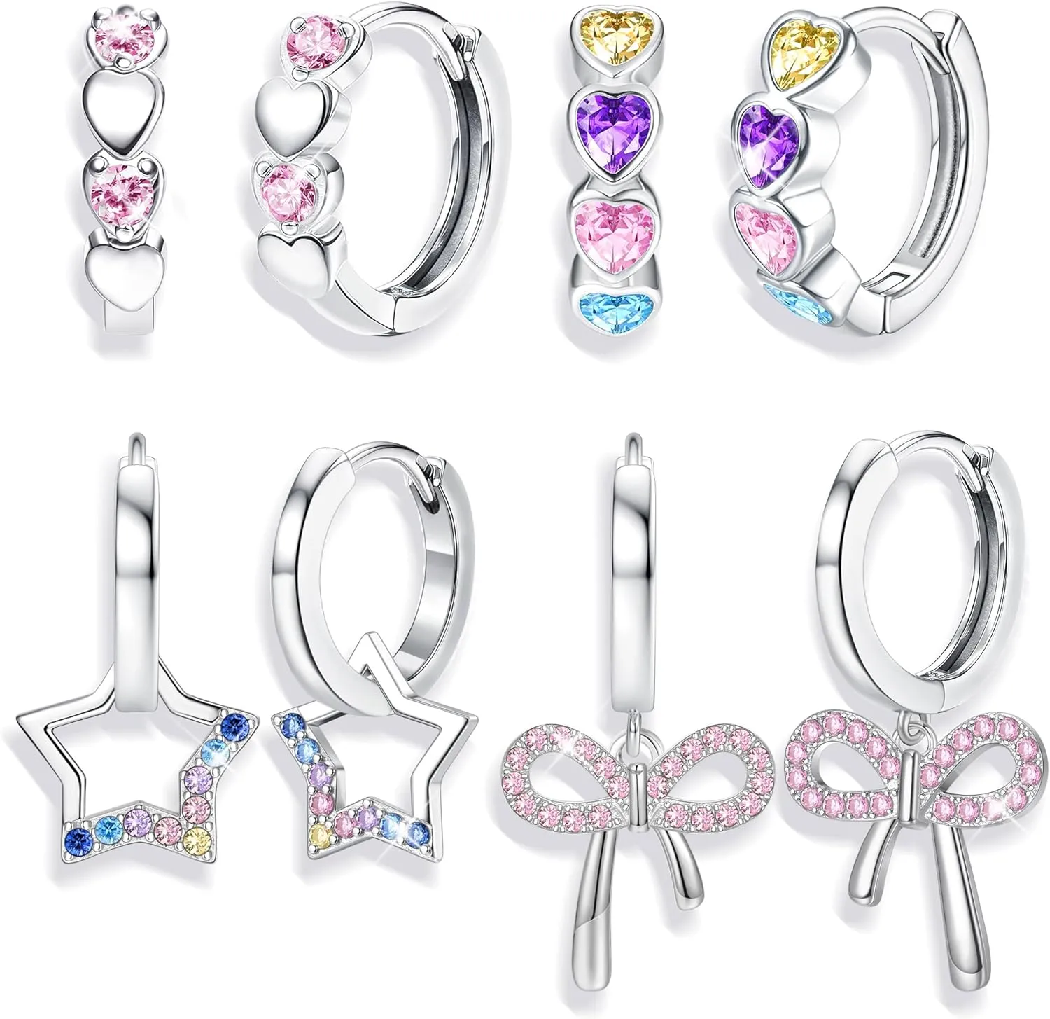BESTEEL 4 Pairs Hypoallergenic Huggie Hoop Earrings for Girls Women Silver Small Dangle Hoop Earrings Bow Earrings Tiny Cute CZ Heart Butterfly Earrings Set Pink Colorful Star Earrings for Sensitive Ears(over 3 years old)