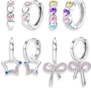 BESTEEL 4 Pairs Hypoallergenic Huggie Hoop Earrings for Girls Women Silver Small Dangle Hoop Earrings Bow Earrings Tiny Cute CZ Heart Butterfly Earrings Set Pink Colorful Star Earrings for Sensitive Ears(over 3 years old)