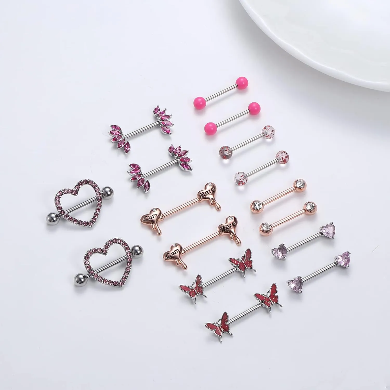 Besteel 8 Pairs Nipple Rings 14G Stainless Steel Nipplerings CZ Heart Butterfly Ball Tongue Barbell Rings Retainer Body Piercing Jewelry for Women