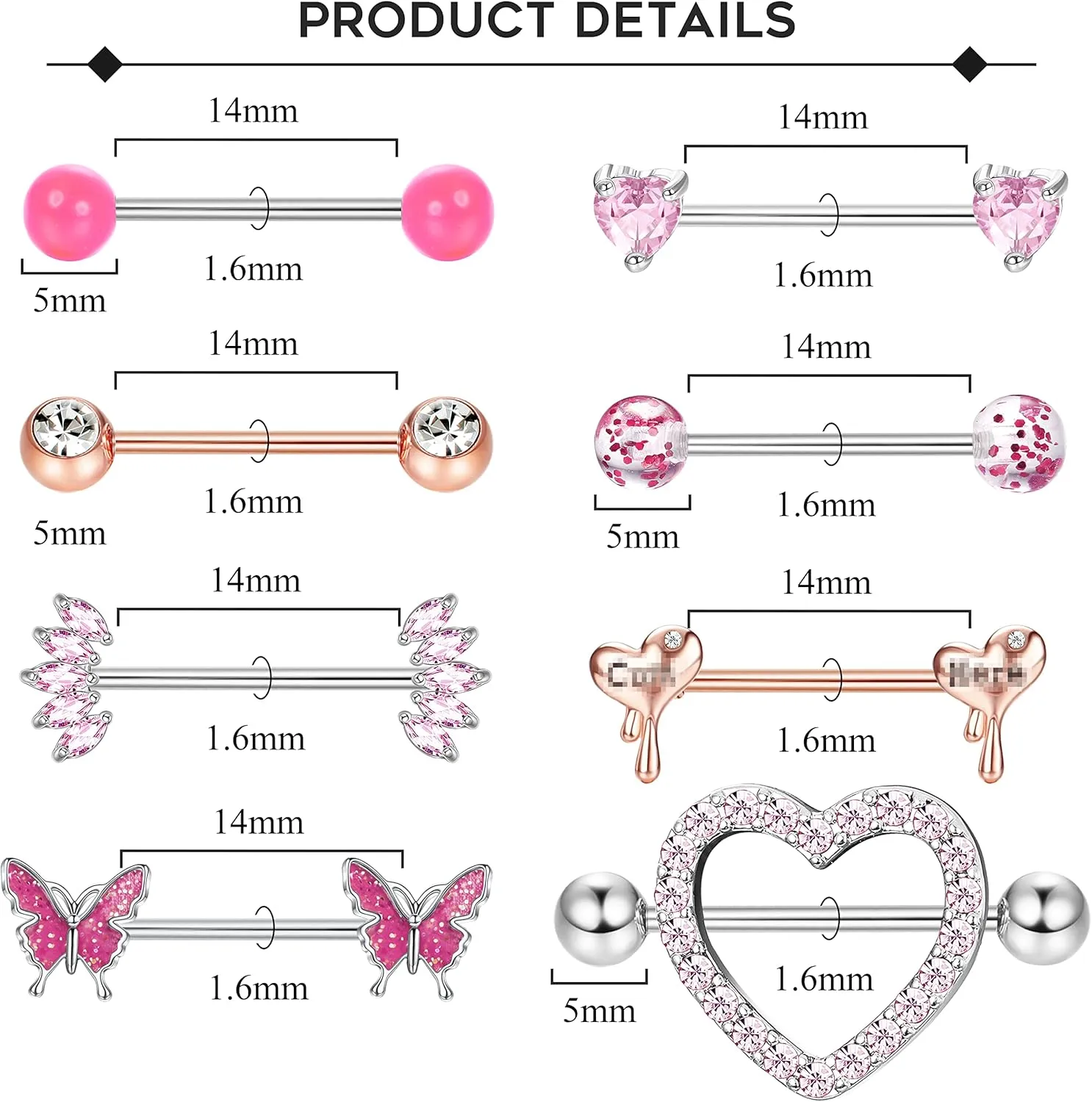 Besteel 8 Pairs Nipple Rings 14G Stainless Steel Nipplerings CZ Heart Butterfly Ball Tongue Barbell Rings Retainer Body Piercing Jewelry for Women