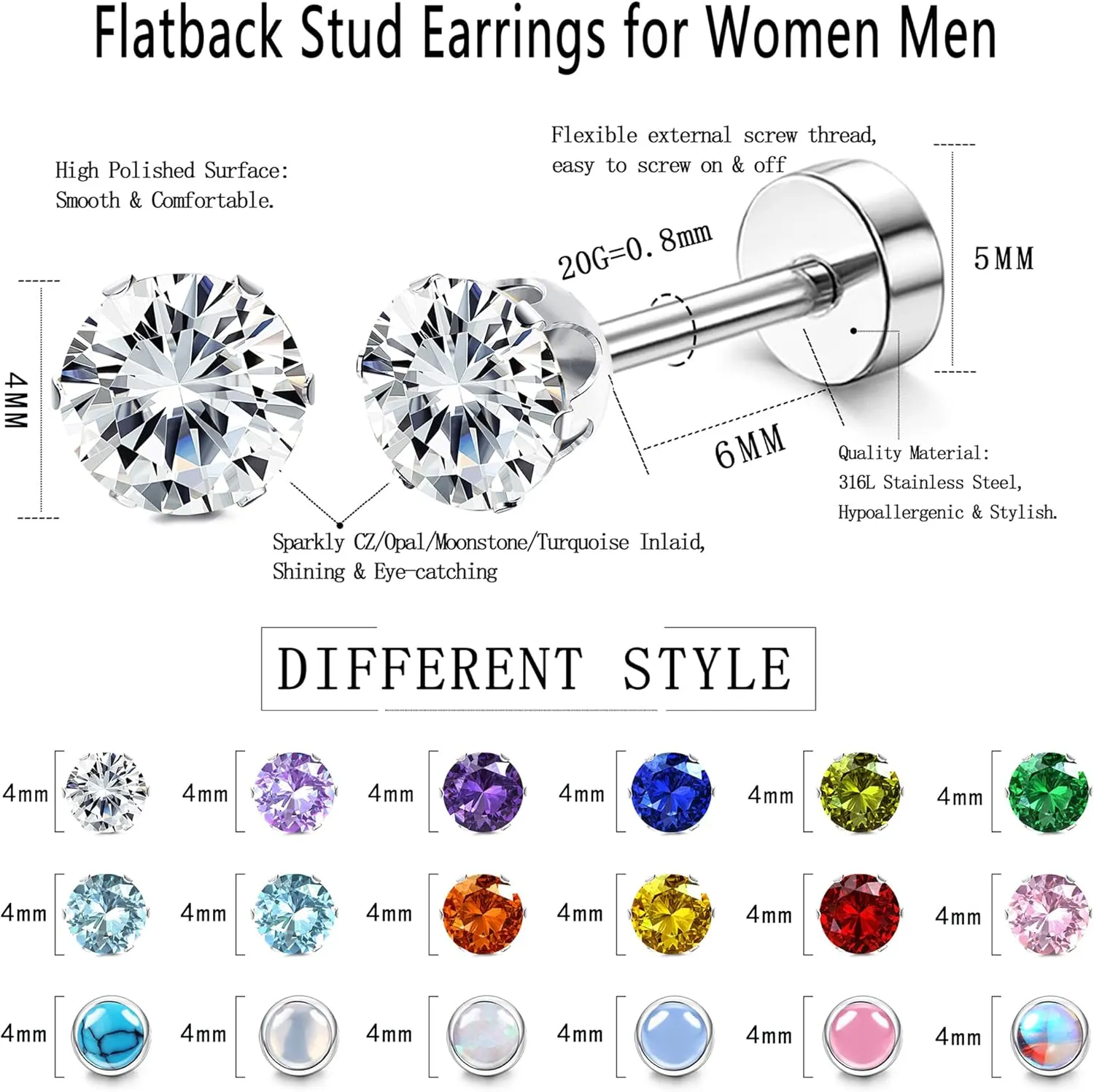 Besteel   Flat Back Earrings Hypoallergenic Stainless Surgical Steel Screw Back Stud Earrings for Women Men 20G Tiny CZ Opal Birthstone Nap Cartilage Flatback Earrings Set