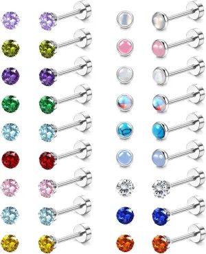 Besteel   Flat Back Earrings Hypoallergenic Stainless Surgical Steel Screw Back Stud Earrings for Women Men 20G Tiny CZ Opal Birthstone Nap Cartilage Flatback Earrings Set