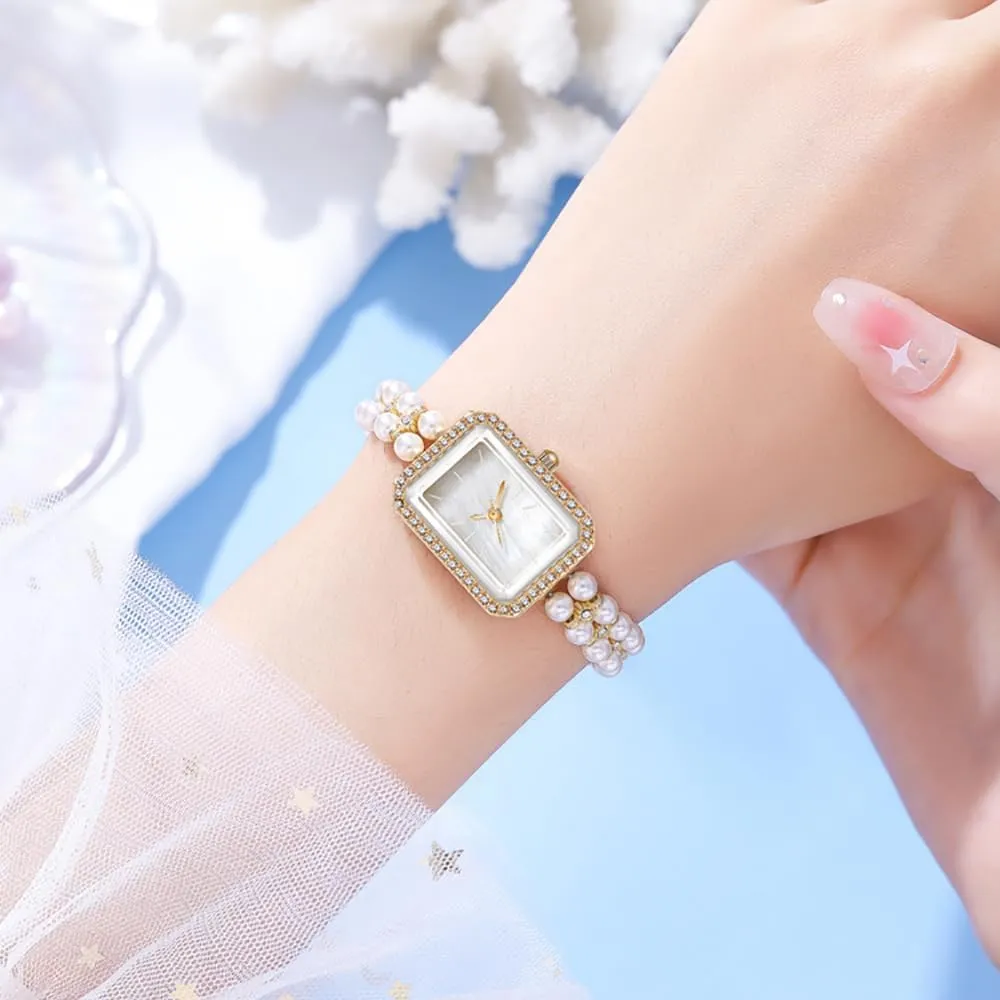 BESTKANG Elegant Pearl Watches for Women Small Square Dial Analog Quartz Watch Pearl Strap Diamonds Bracelet Dress Women's Watch