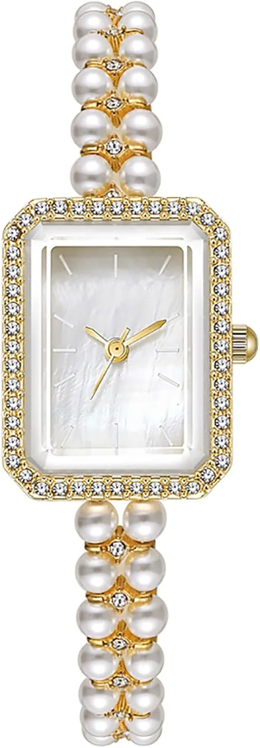 BESTKANG Elegant Pearl Watches for Women Small Square Dial Analog Quartz Watch Pearl Strap Diamonds Bracelet Dress Women's Watch