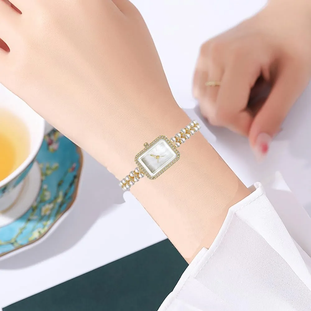 BESTKANG Elegant Pearl Watches for Women Small Square Dial Analog Quartz Watch Pearl Strap Diamonds Bracelet Dress Women's Watch