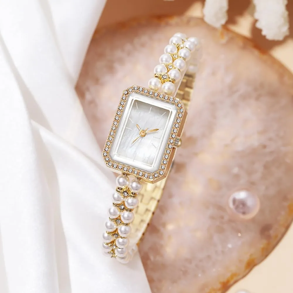 BESTKANG Elegant Pearl Watches for Women Small Square Dial Analog Quartz Watch Pearl Strap Diamonds Bracelet Dress Women's Watch