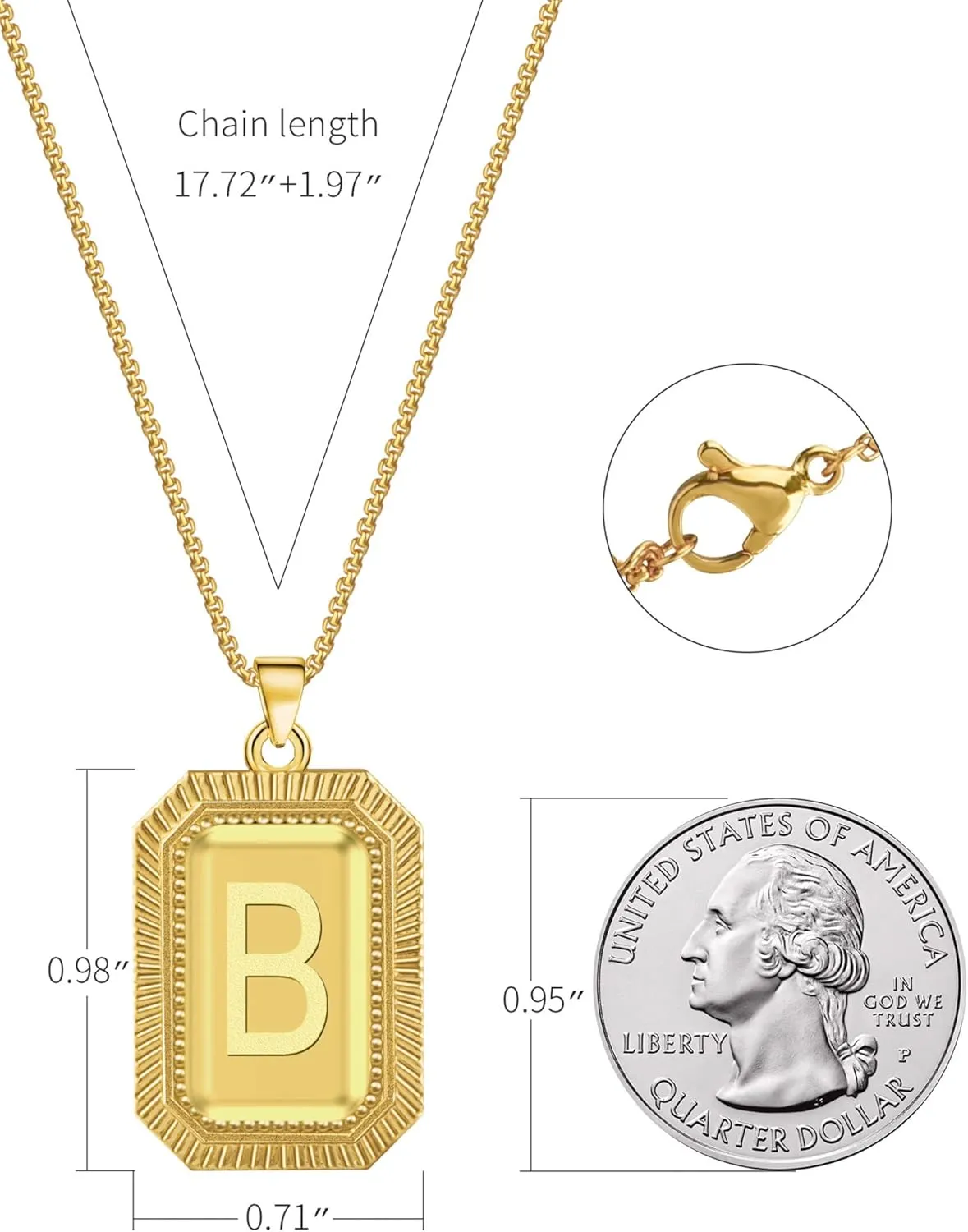 Beutirer 18K Gold Plated Initial Necklace for Men Women, A-Z 26 Alphabet Letter Personalized Name Necklaces, Square Double Side Engraved Pendants, Adjustable Size, Trendy Jewelry Gifts