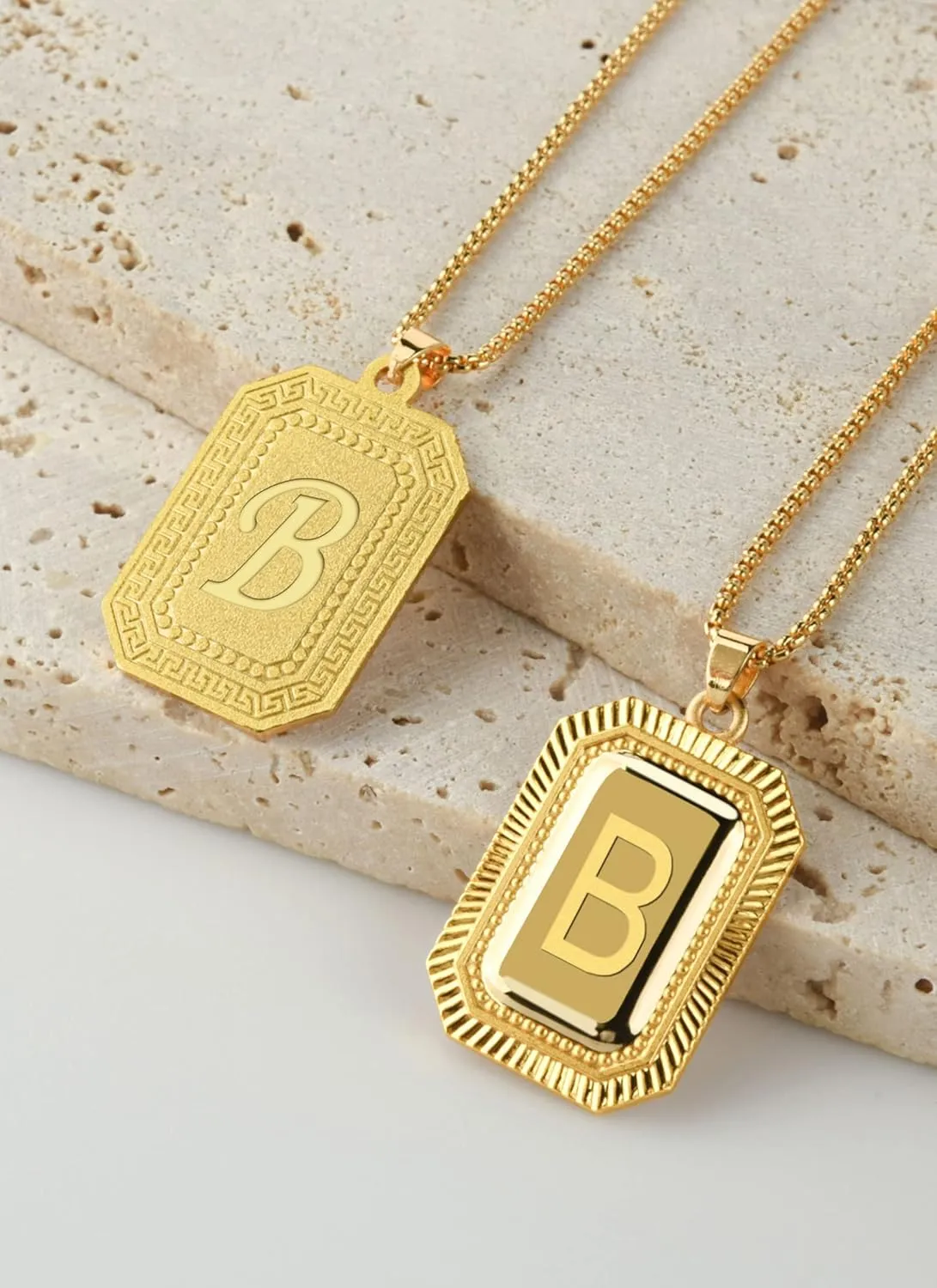 Beutirer 18K Gold Plated Initial Necklace for Men Women, A-Z 26 Alphabet Letter Personalized Name Necklaces, Square Double Side Engraved Pendants, Adjustable Size, Trendy Jewelry Gifts