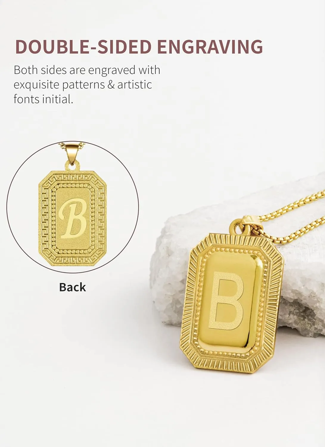 Beutirer 18K Gold Plated Initial Necklace for Men Women, A-Z 26 Alphabet Letter Personalized Name Necklaces, Square Double Side Engraved Pendants, Adjustable Size, Trendy Jewelry Gifts