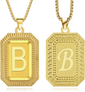 Beutirer 18K Gold Plated Initial Necklace for Men Women, A-Z 26 Alphabet Letter Personalized Name Necklaces, Square Double Side Engraved Pendants, Adjustable Size, Trendy Jewelry Gifts