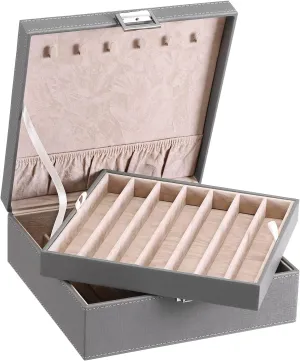 BEWISHOME Necklace Organizer Box Necklace Storage Organizer for Chains, Bracelets - 12 Compartments (7 regular   5 large), 6 Hooks, 2 Layers - Jewelry Box for Women Girls, Grey SSH31H