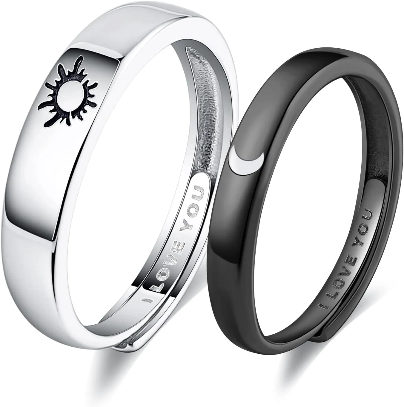 Beydodo 925 Silver Rings Custom Adjustable Sun and Moon Matching Rings Engraved I Love You Couples Rings Wedding