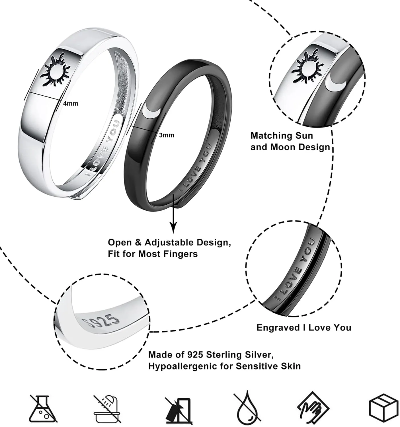 Beydodo 925 Silver Rings Custom Adjustable Sun and Moon Matching Rings Engraved I Love You Couples Rings Wedding