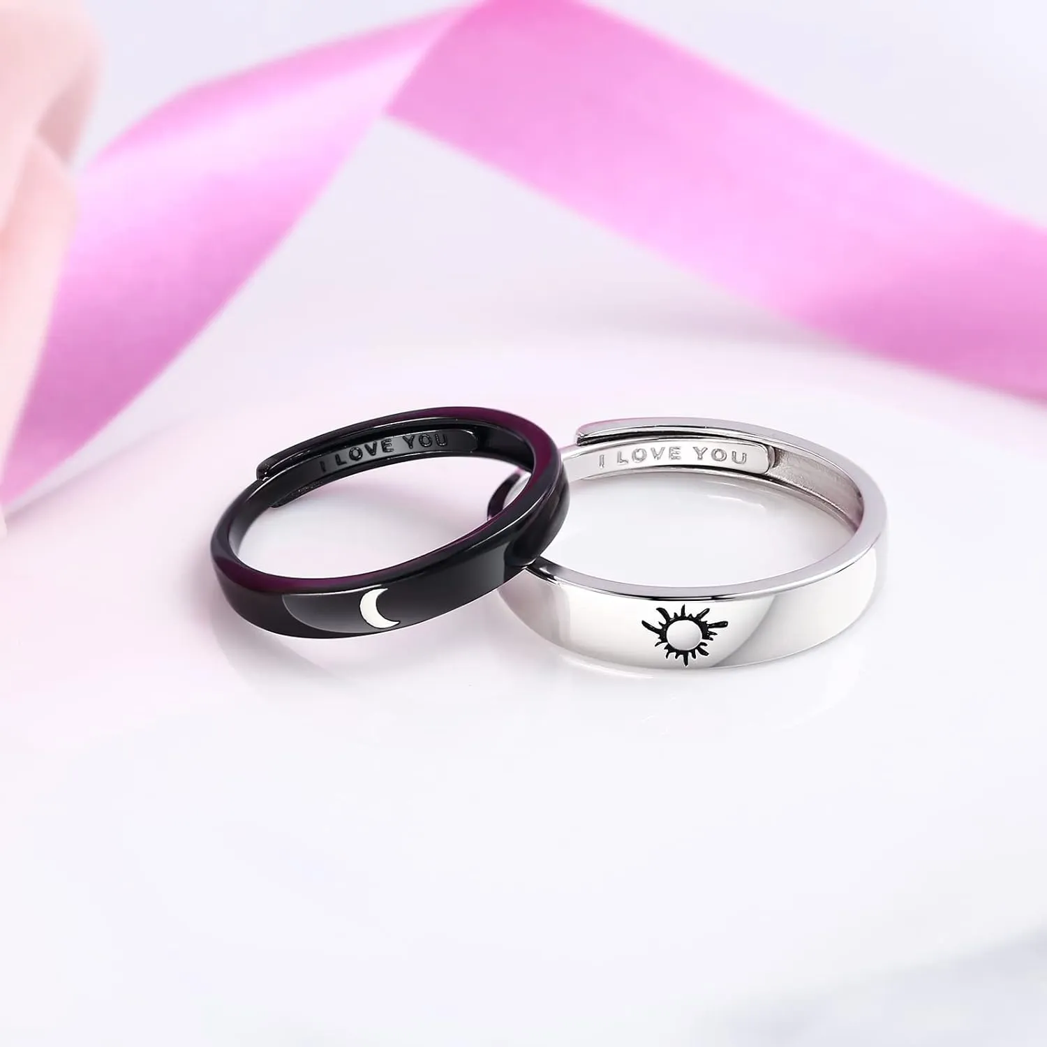 Beydodo 925 Silver Rings Custom Adjustable Sun and Moon Matching Rings Engraved I Love You Couples Rings Wedding
