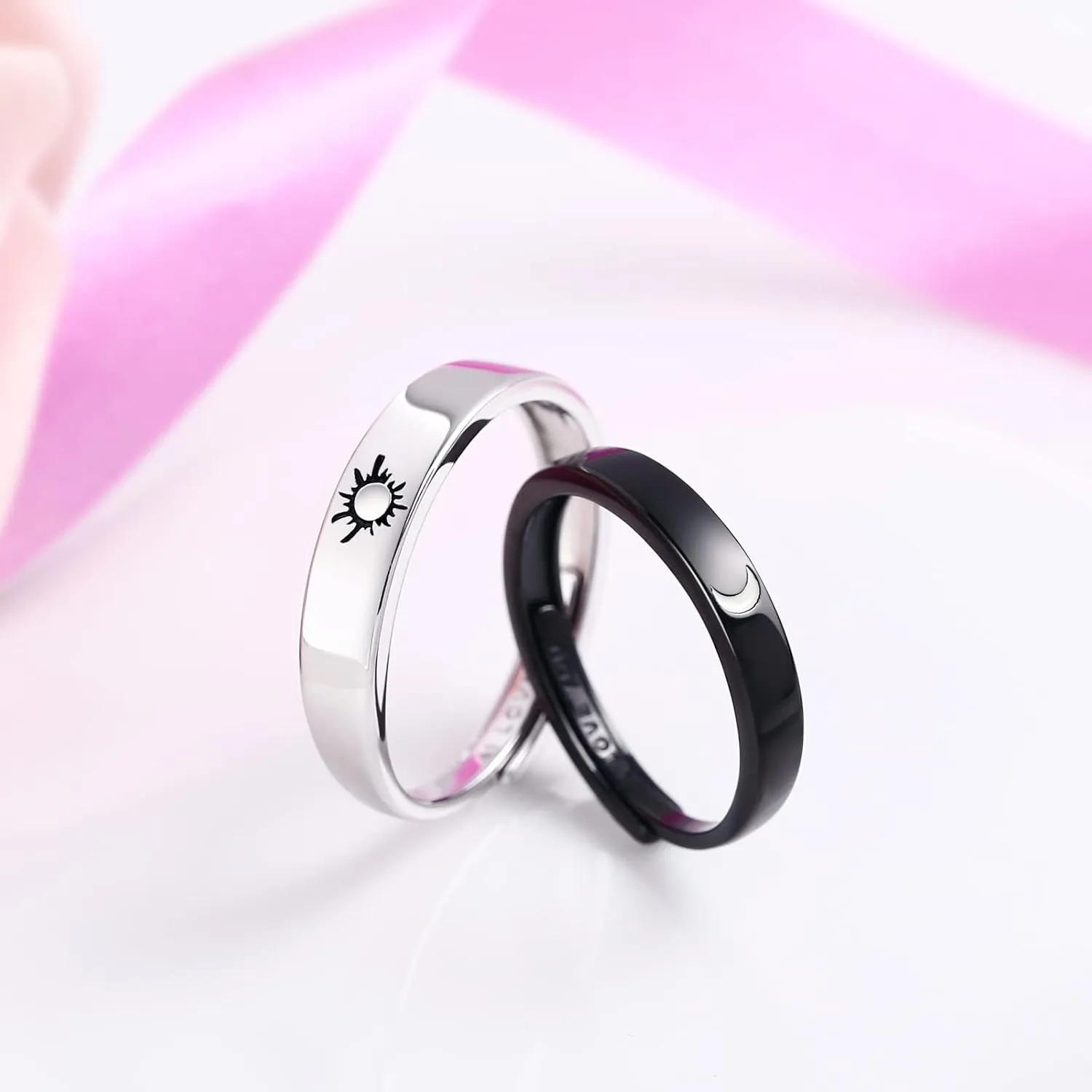 Beydodo 925 Silver Rings Custom Adjustable Sun and Moon Matching Rings Engraved I Love You Couples Rings Wedding