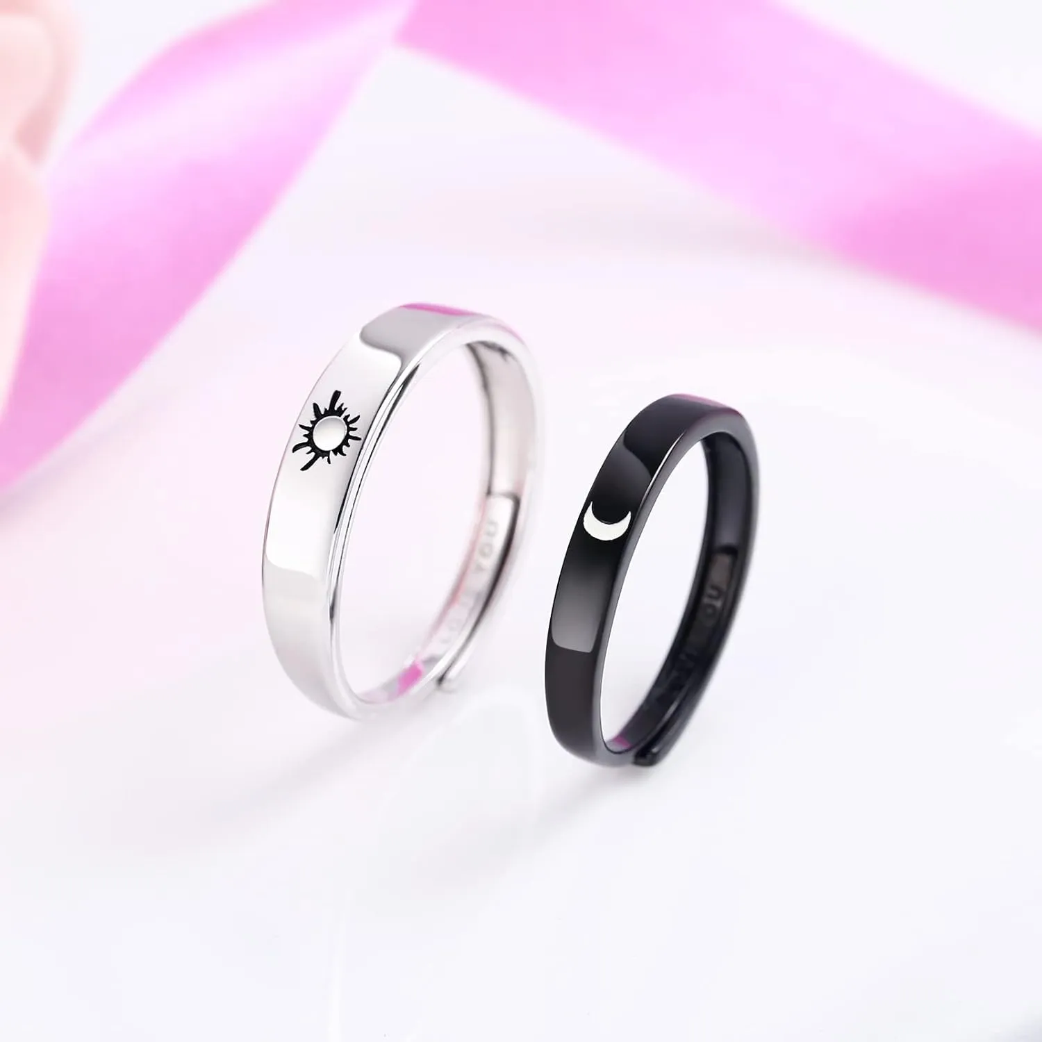Beydodo 925 Silver Rings Custom Adjustable Sun and Moon Matching Rings Engraved I Love You Couples Rings Wedding