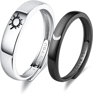 Beydodo 925 Silver Rings Custom Adjustable Sun and Moon Matching Rings Engraved I Love You Couples Rings Wedding