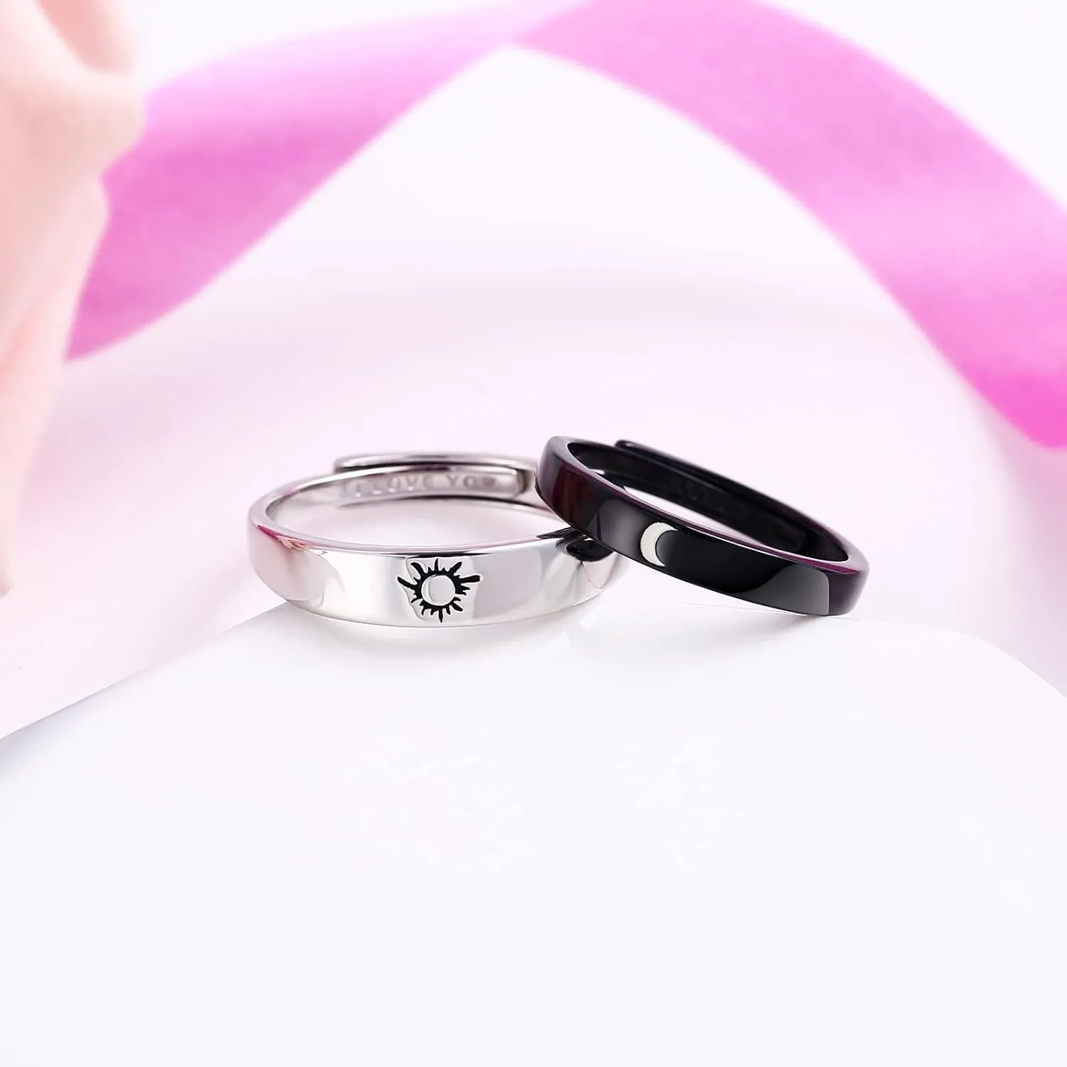 Beydodo 925 Silver Rings Custom Adjustable Sun and Moon Matching Rings Engraved I Love You Couples Rings Wedding