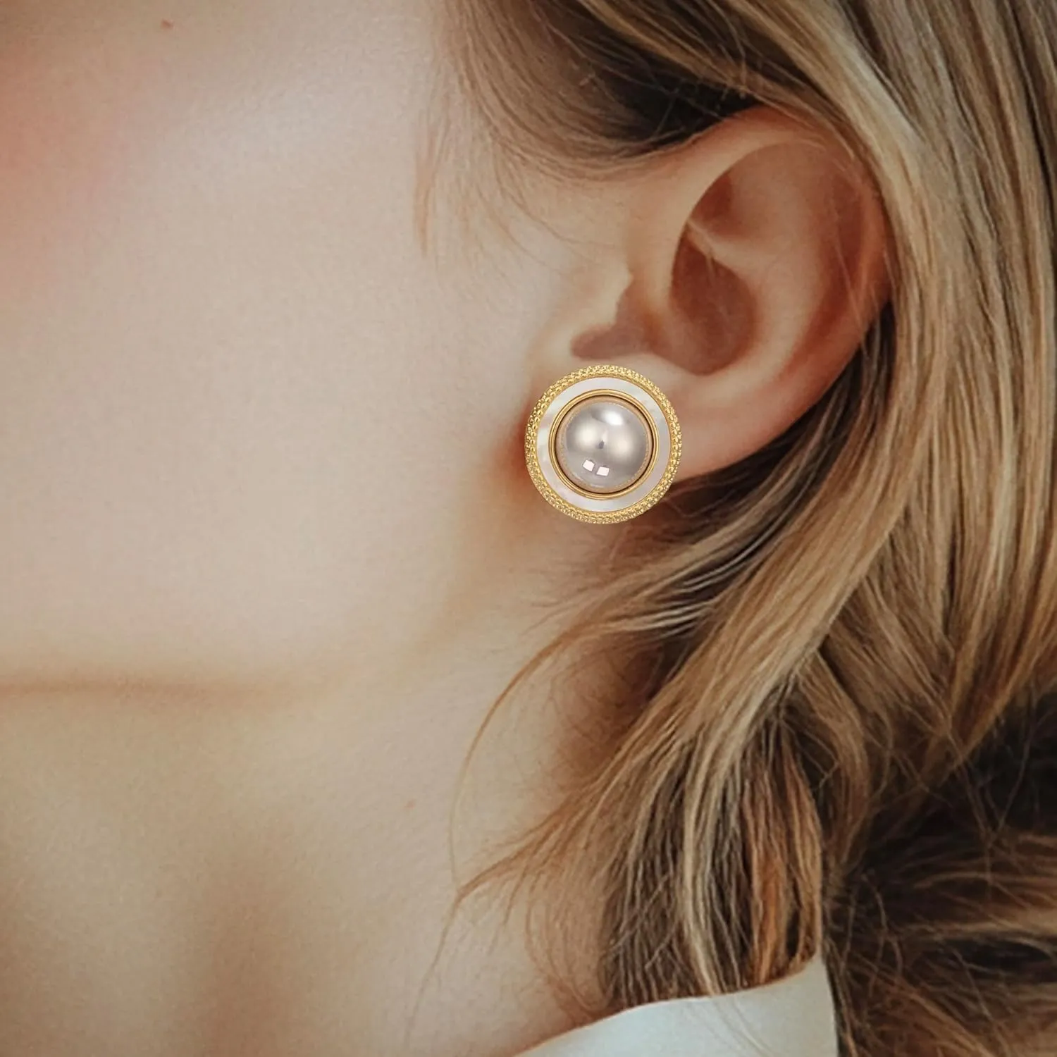 Big Pearl Stud Earrings for Women Faux Gold Large Pearl Earrings Studs