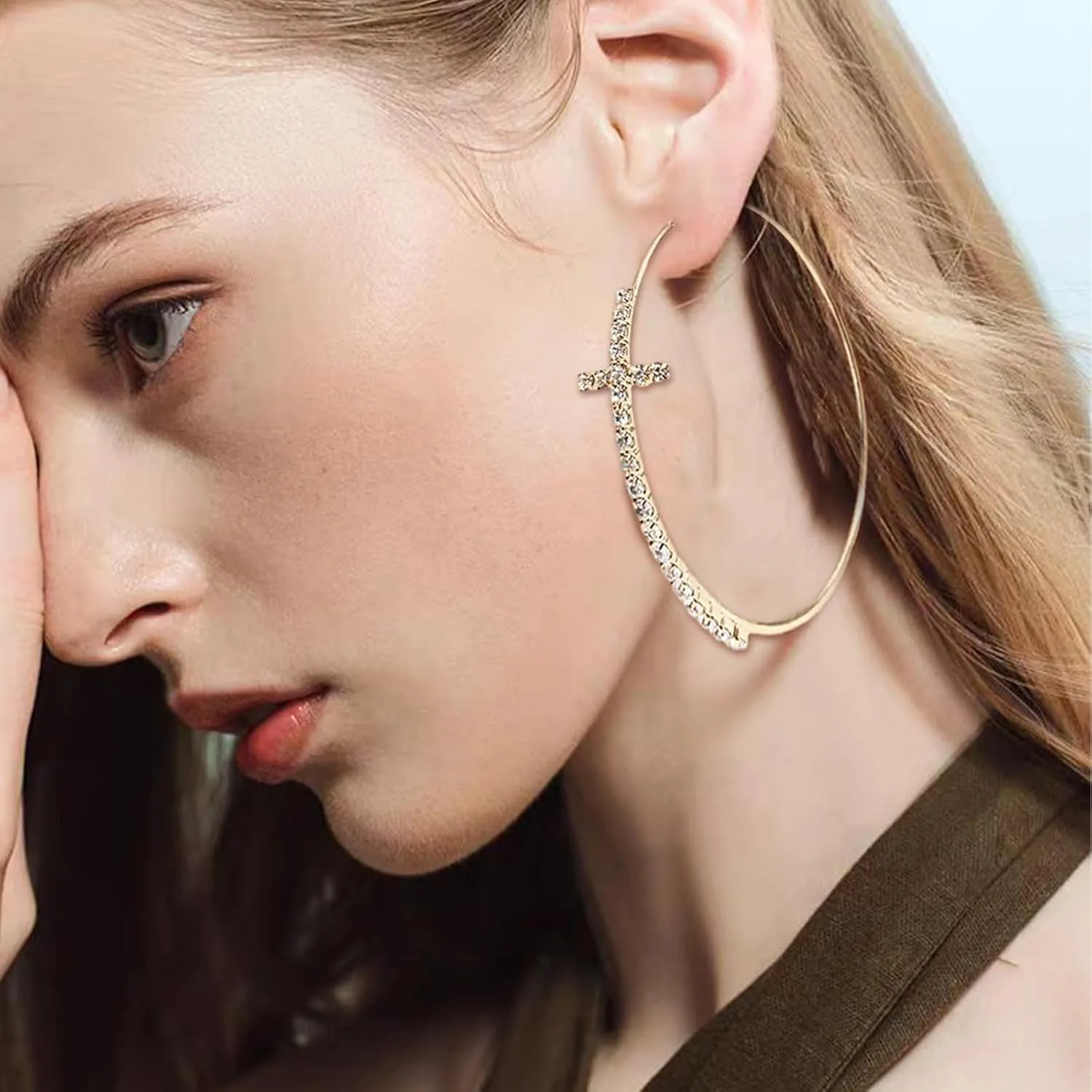 Big/Large Cross Hoop Earrings for Women Trendy 2025 Cross Earrings Rhinestone Sparkly Hoop Earrings Extra Large Hoops Earrings Exaggerated Prom Wedding Party Earrings Formal Jewelry for Women Dress