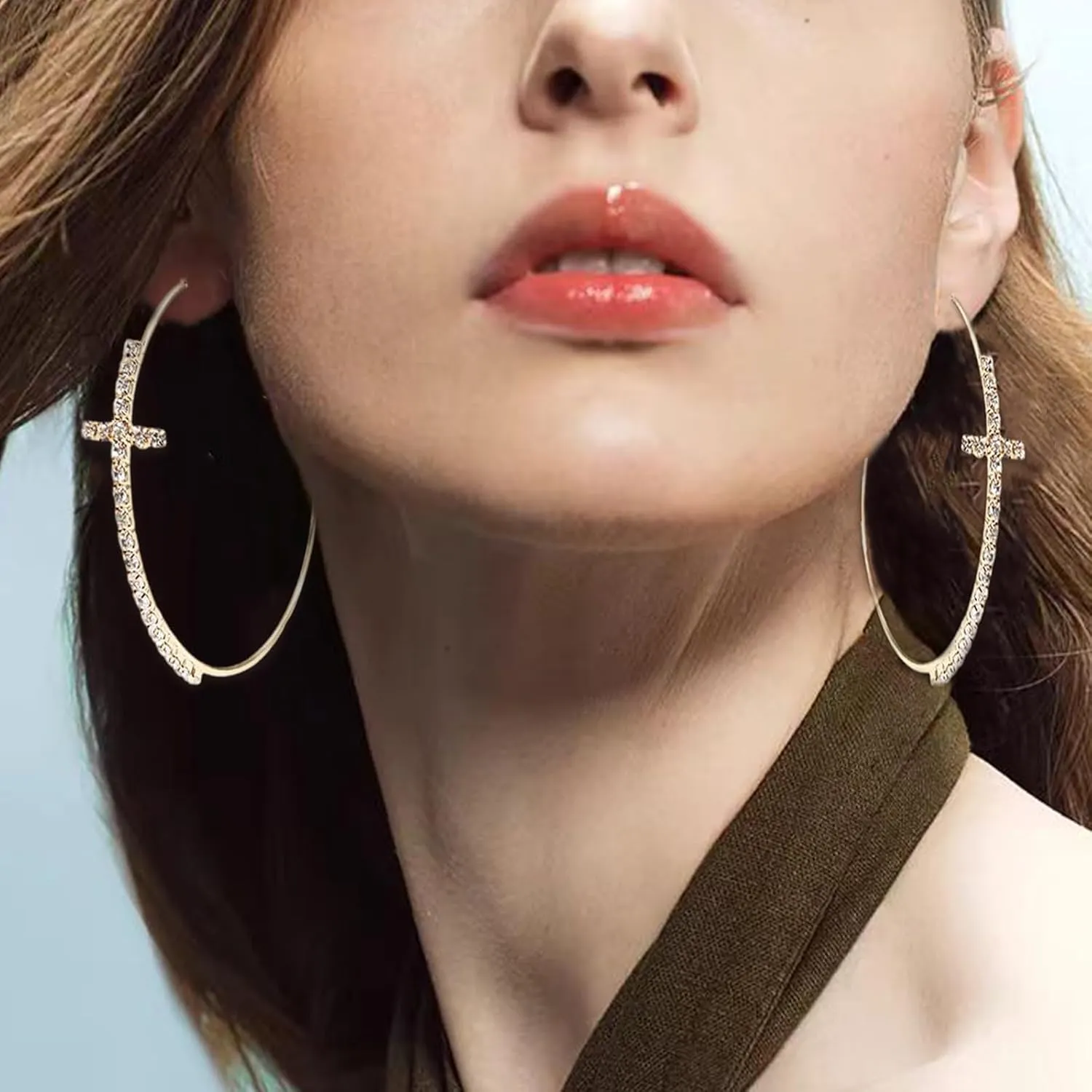 Big/Large Cross Hoop Earrings for Women Trendy 2025 Cross Earrings Rhinestone Sparkly Hoop Earrings Extra Large Hoops Earrings Exaggerated Prom Wedding Party Earrings Formal Jewelry for Women Dress