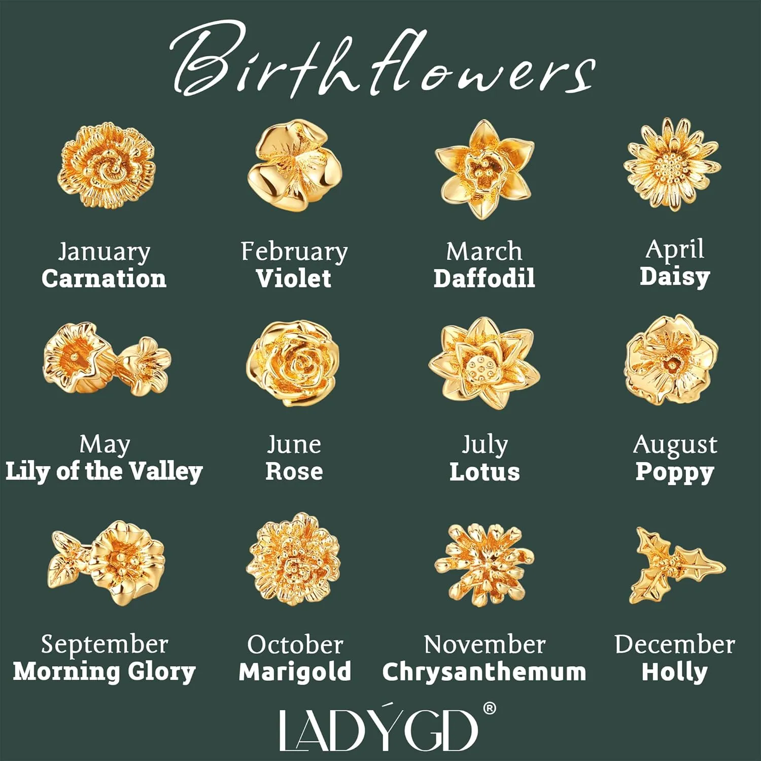 Birth Flower Ring for Women 14K Gold Plated Floral Minimalist Stackable Finger Jewelry Birthday Gifts