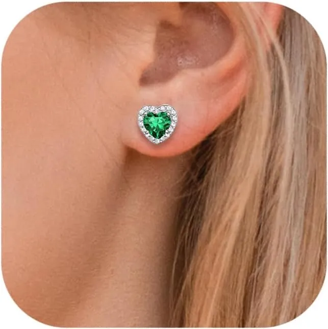 Birthstone Earrings for Women Wife Mom Grandma, S925 Sterling Silver Earrings Jewelry Heart Birthstone Stud Earrings with Cubic Zirconia, Anniversary Birthday Gifts