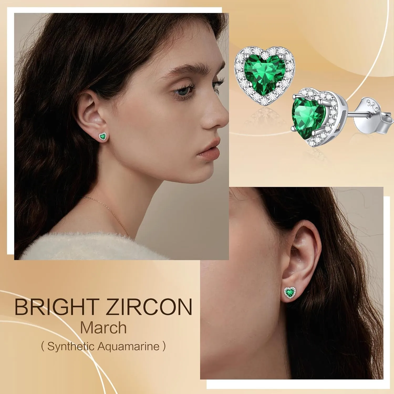 Birthstone Earrings for Women Wife Mom Grandma, S925 Sterling Silver Earrings Jewelry Heart Birthstone Stud Earrings with Cubic Zirconia, Anniversary Birthday Gifts