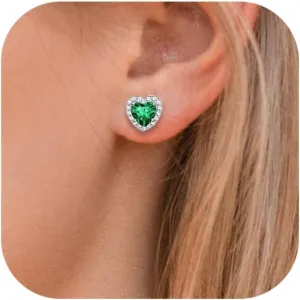 Birthstone Earrings for Women Wife Mom Grandma, S925 Sterling Silver Earrings Jewelry Heart Birthstone Stud Earrings with Cubic Zirconia, Anniversary Birthday Gifts