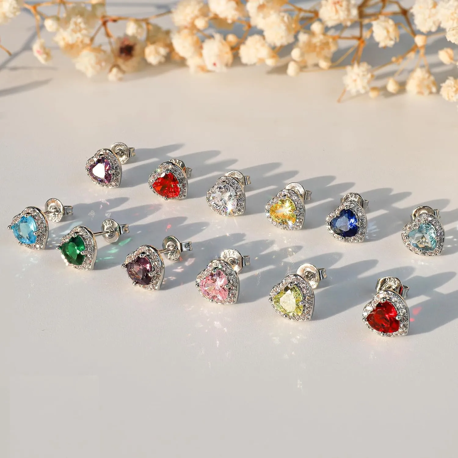 Birthstone Earrings for Women Wife Mom Grandma, S925 Sterling Silver Earrings Jewelry Heart Birthstone Stud Earrings with Cubic Zirconia, Anniversary Birthday Gifts