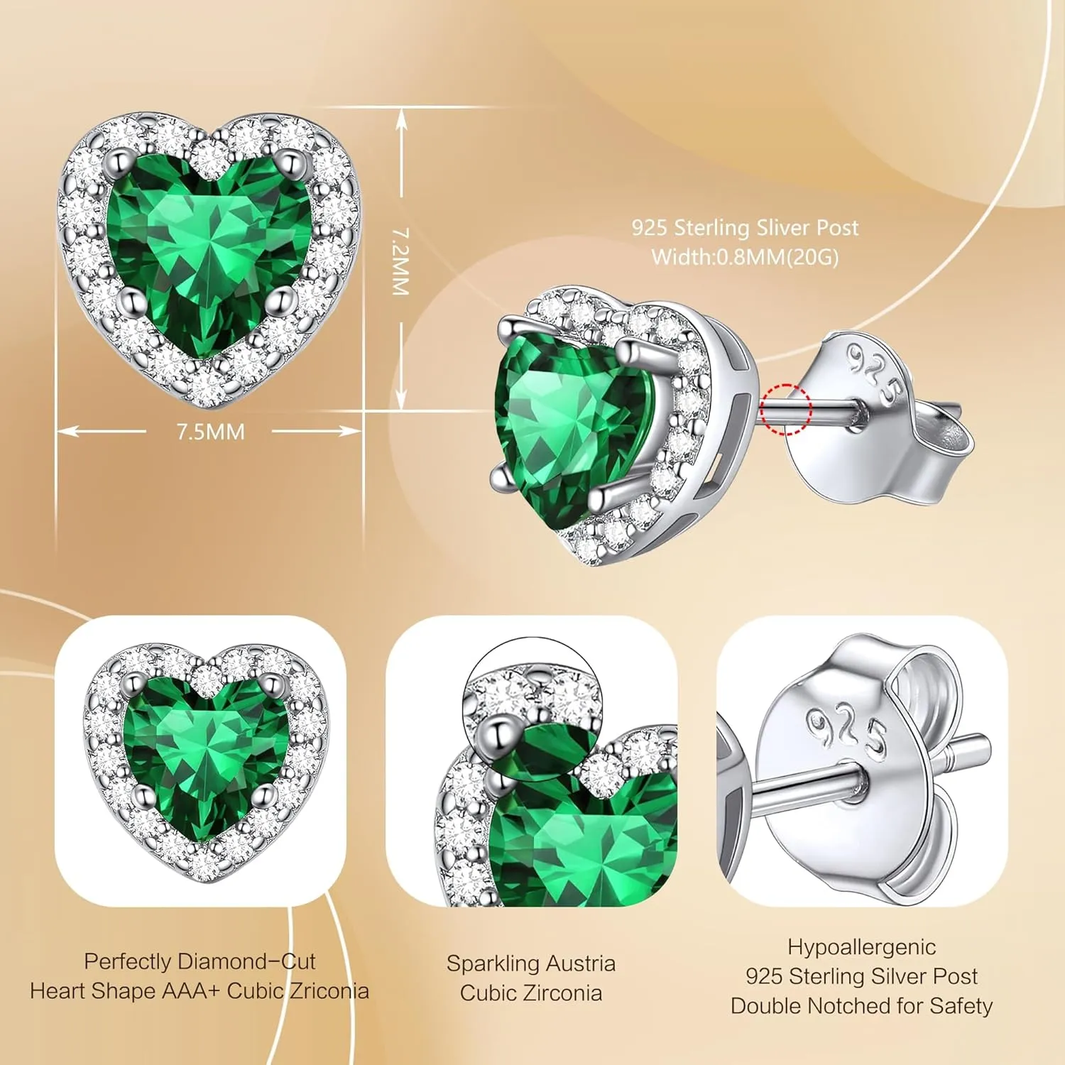 Birthstone Earrings for Women Wife Mom Grandma, S925 Sterling Silver Earrings Jewelry Heart Birthstone Stud Earrings with Cubic Zirconia, Anniversary Birthday Gifts