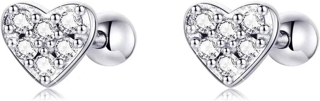 BISAER 925 Sterling Silver Tiny Butterfly Heart Star Earrings With Screw Back Cubic Zirconia Stud Earrings for Women Cartilage Jewelry