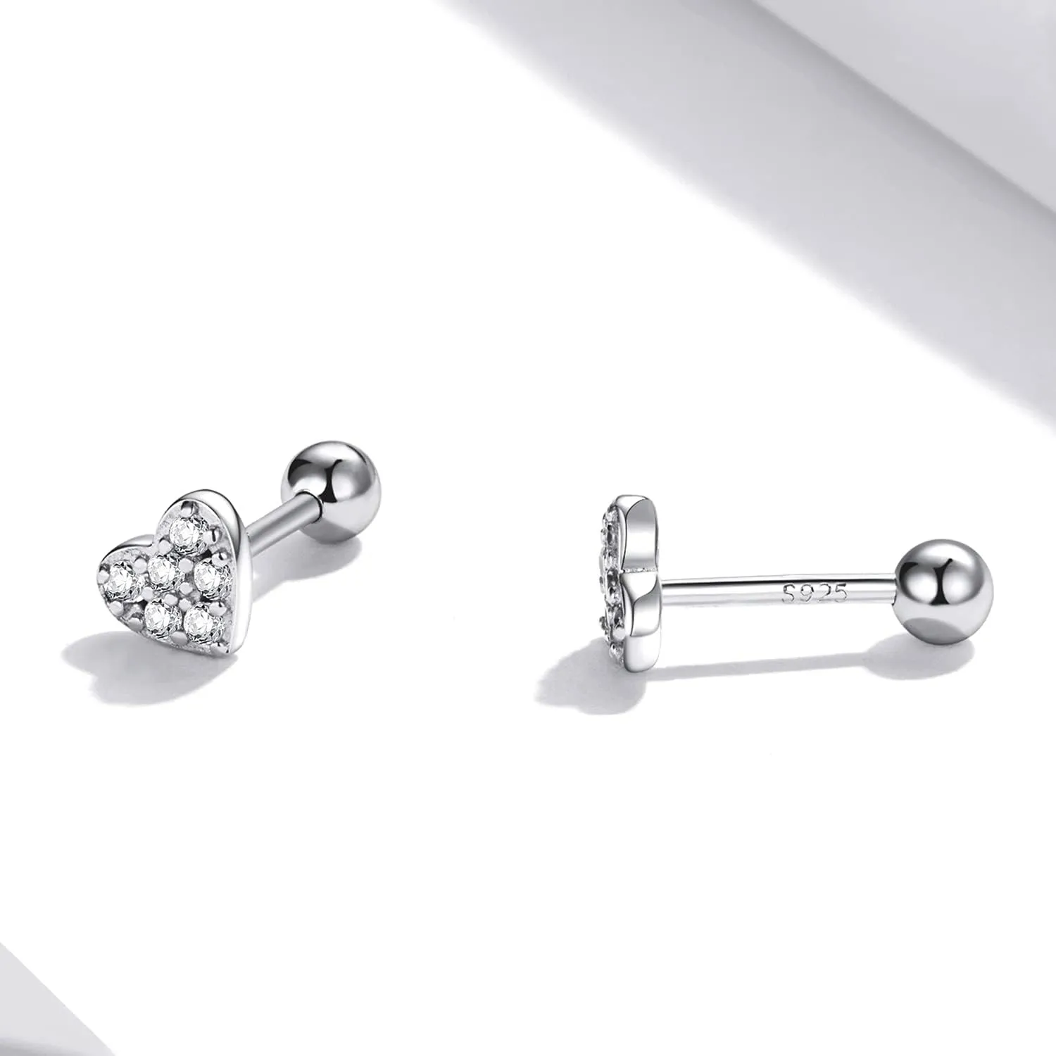 BISAER 925 Sterling Silver Tiny Butterfly Heart Star Earrings With Screw Back Cubic Zirconia Stud Earrings for Women Cartilage Jewelry