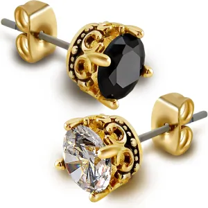 Black and Gold Earrings for Men Women, Retro Crown Hypoallergenic Stainless Steel Cubic Zircon Stud Earrings