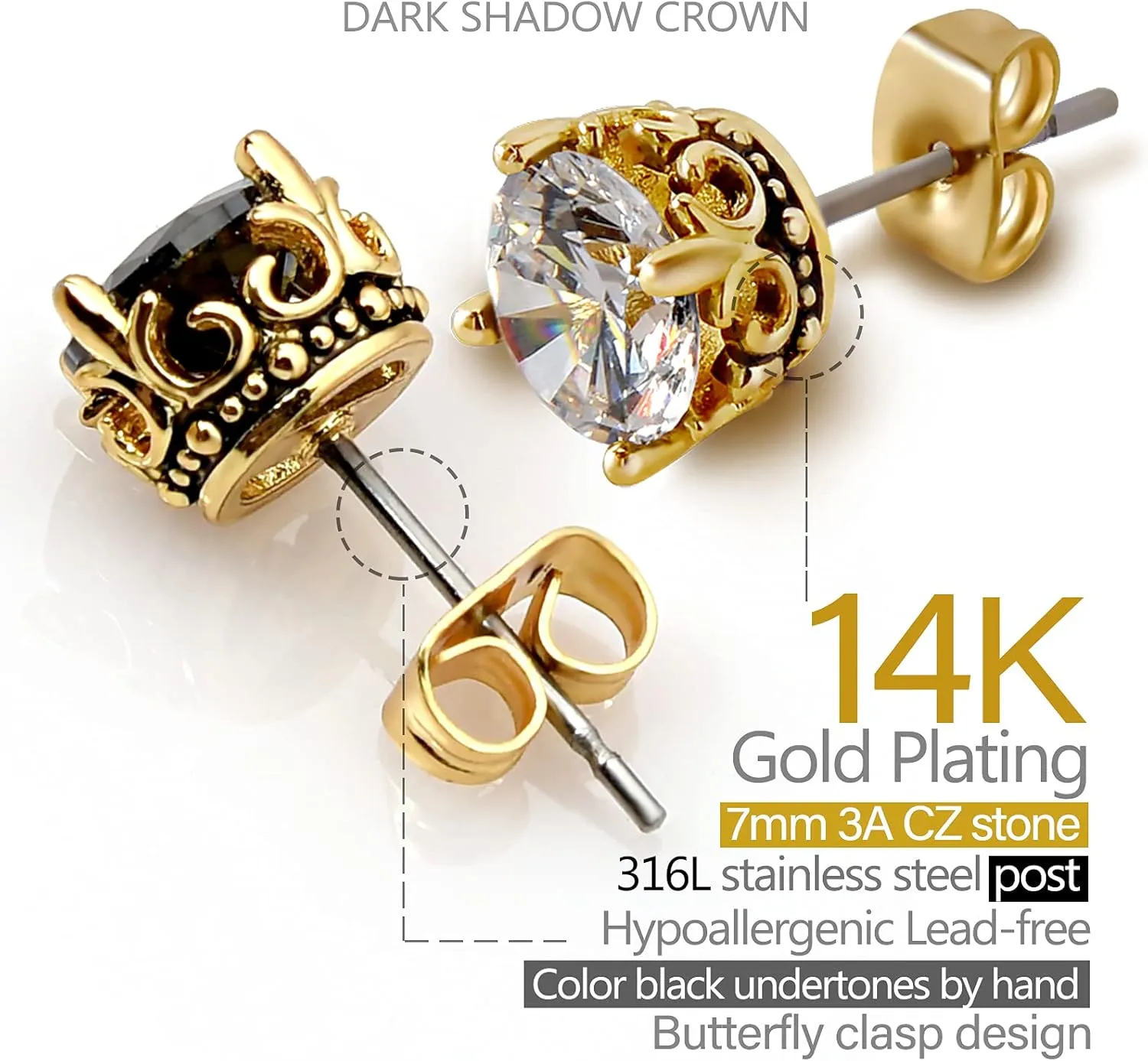 Black and Gold Earrings for Men Women, Retro Crown Hypoallergenic Stainless Steel Cubic Zircon Stud Earrings